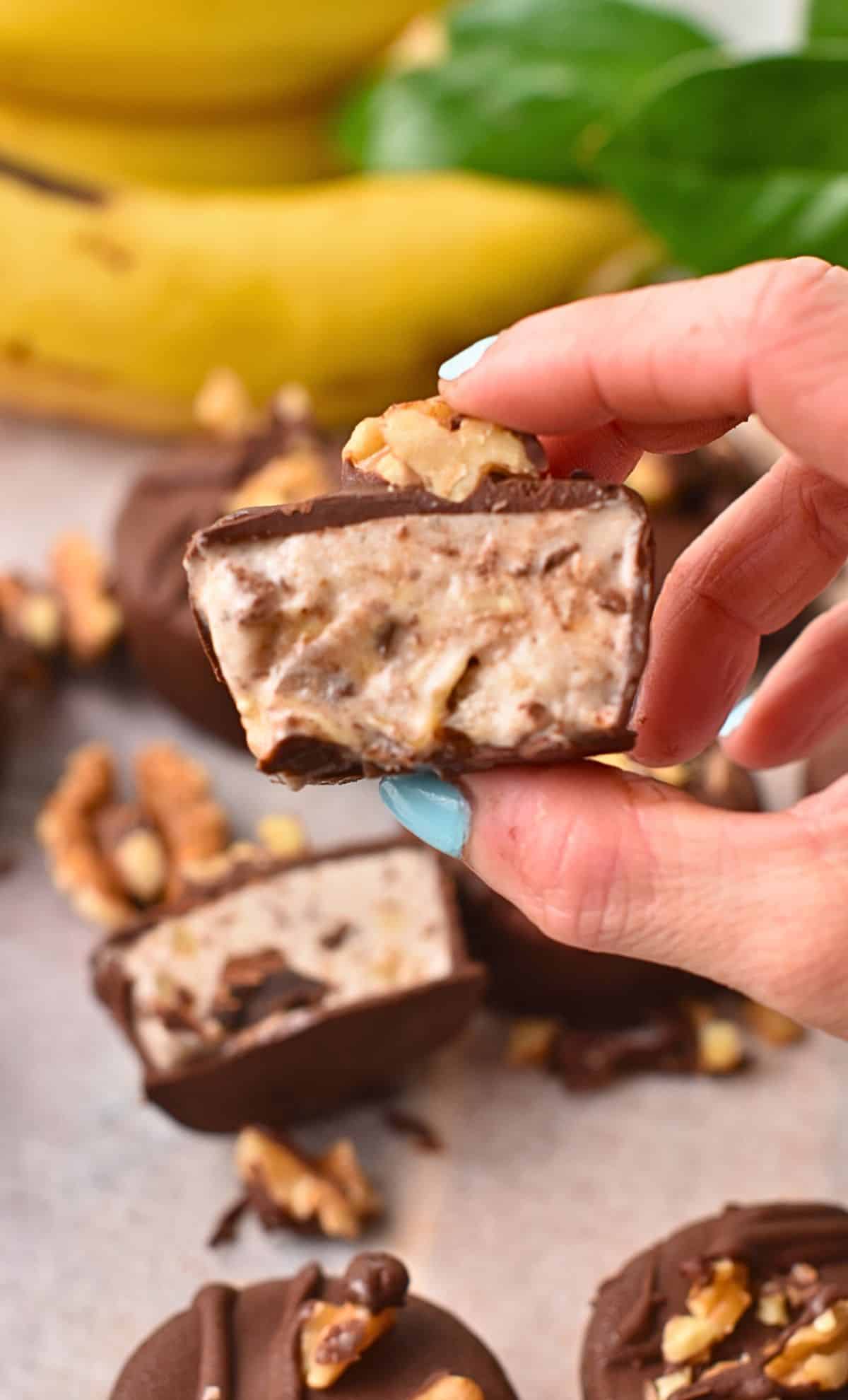Chunky Monkey Ice Cream Bites showing the inside.