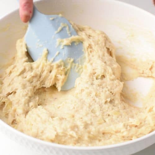 Stirring the Almond Banana Bread batter.