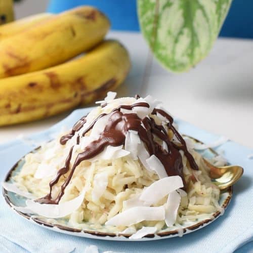 Pouring magic chocolate on Shaved Banana Ice Cream
