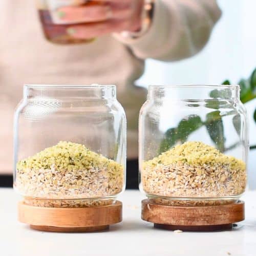 Combining dry Strawberry Protein Overnight Oats ingredients.