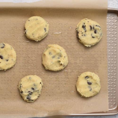 5-Ingredient Chocolate Chip Cookies on a baking sheet ready to bake.