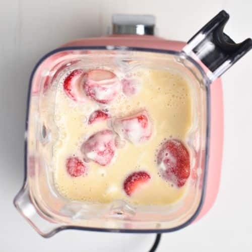Making the pink milk for the Strawberry Chia Seed Pudding.