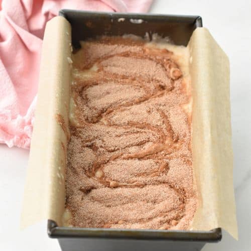Swirled Cinnamon Swirl Bread in the loaf pan.