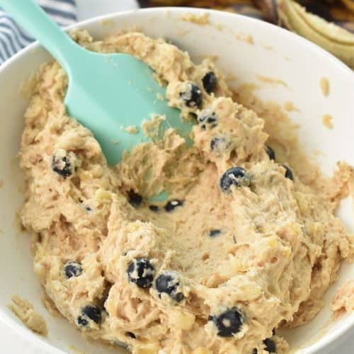 Healthy Blueberry Banana Bread batter ready to pour in the pan.