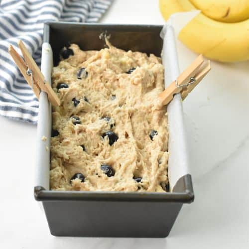 Healthy Blueberry Banana Bread in the pan ready to bake.