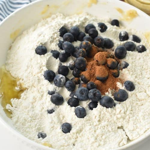 Ingredients for the Healthy Blueberry Banana Bread in a bowl.