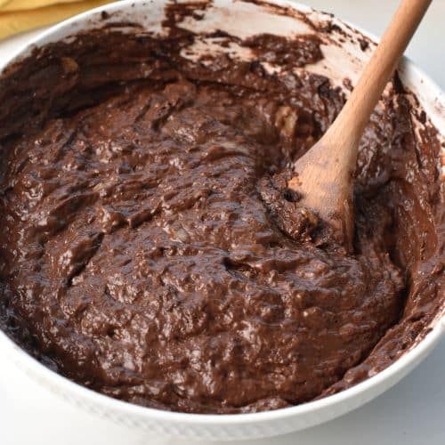 Chocolate Banana Bread batter ready to be transfered.