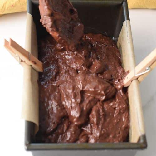 Chocolate Banana Bread batter in a pan ready to bake.