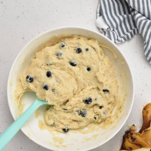 Healthy Banana Blueberry Muffin batter in a bowl.