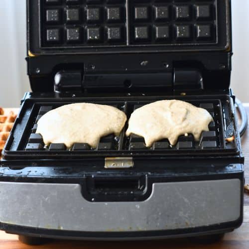 Banana Oatmeal Waffle batter in a waffle iron.