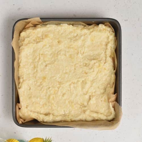 Pineapple Coconut Cake in a pan ready to bake.