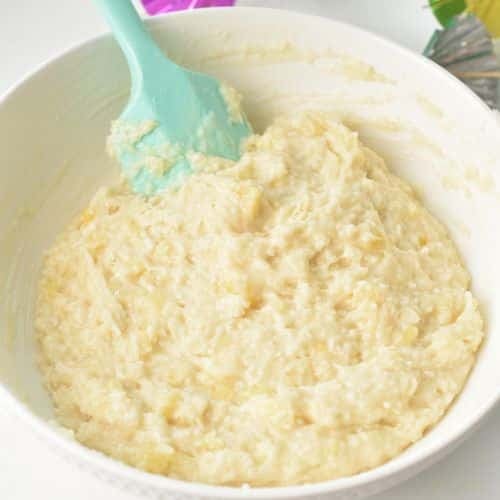 Pineapple Coconut Cake batter in a mixing bowl.