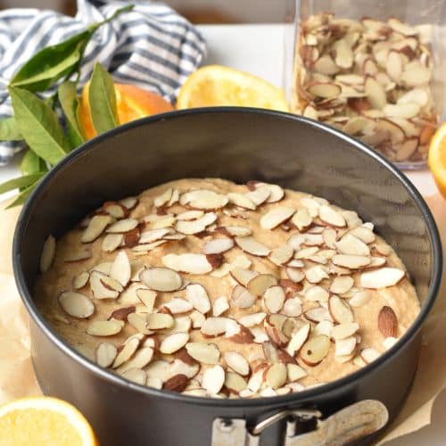 Almond Orange Cake in a pan ready to bake.