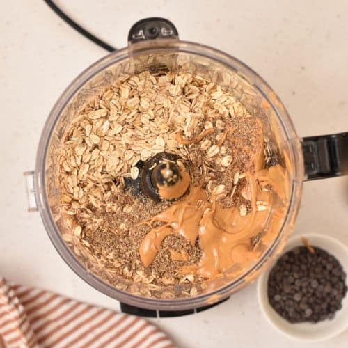 Ingredients for the Chickpea Protein Bars in a food processor.