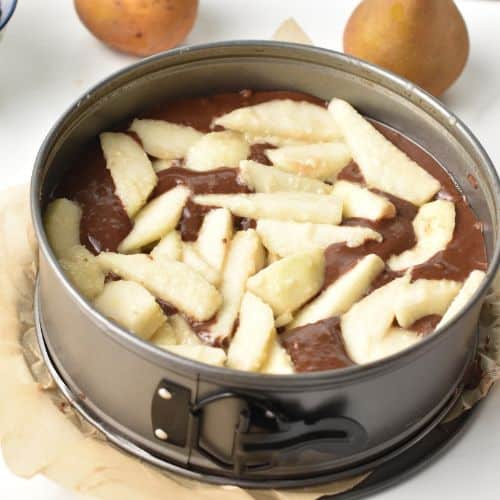 Adding pears to the Chocolate Pear Cake