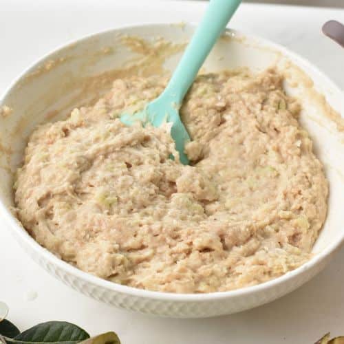 Feijoa cake mixture in a bowl.