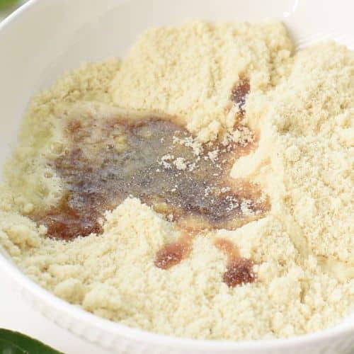 Adding liquid ingredients to Key Lime Cookie dough.