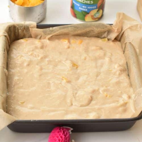 Peach Coffee Cake batter in the baking pan.