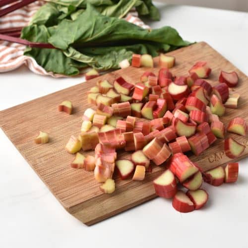 Slicing the rhubarb in small chunks.