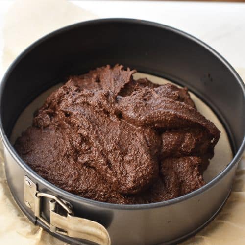 Almond Flour Chocolate Cake batter in a springform pan.