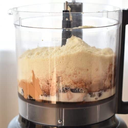 Almond Flour Chocolate Cake ingredients in a food processor.