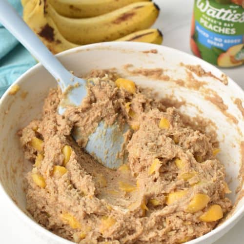 Almond Flour Peach Banana Bread dough in a mixing bowl.