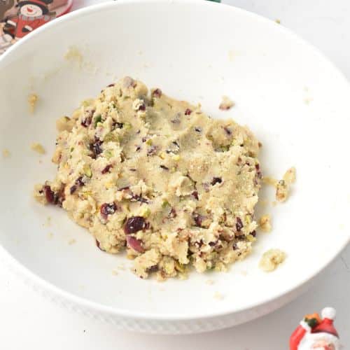 Cranberry Pistachio Shortbread dough in a bowl.